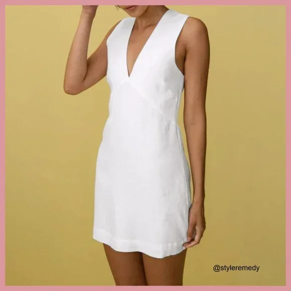 Cotton Linen Sleeveless Mini Dress V Neck Cinched A Line Slim Fit - Picture 2 of 7